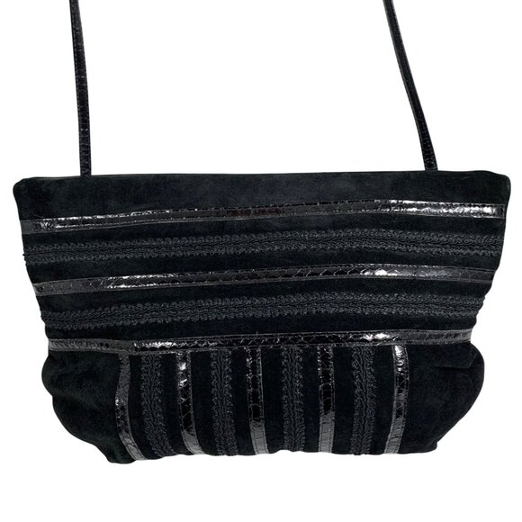 1980s PALIZZIO Black Suede Patent Snakeskin Accents Hinged Clutch Shoulder Bag - Picture 2 of 12